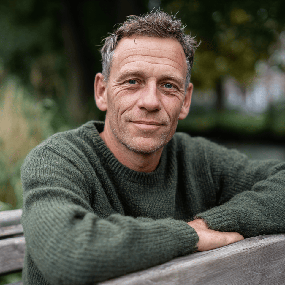 Oudere man zit in een park op een bankje en kijkt vriendelijk