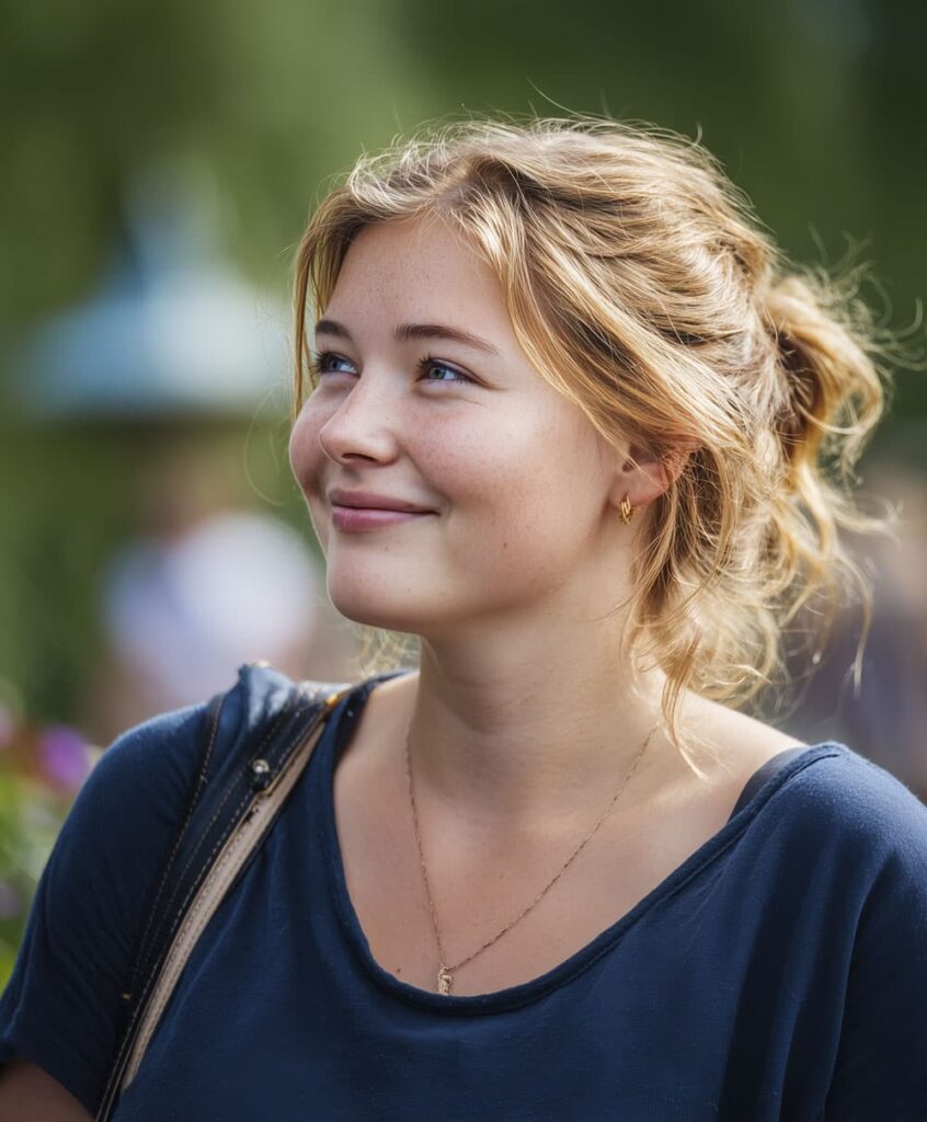 jonge vrouw lacht vriendelijk en wandelt door de stad