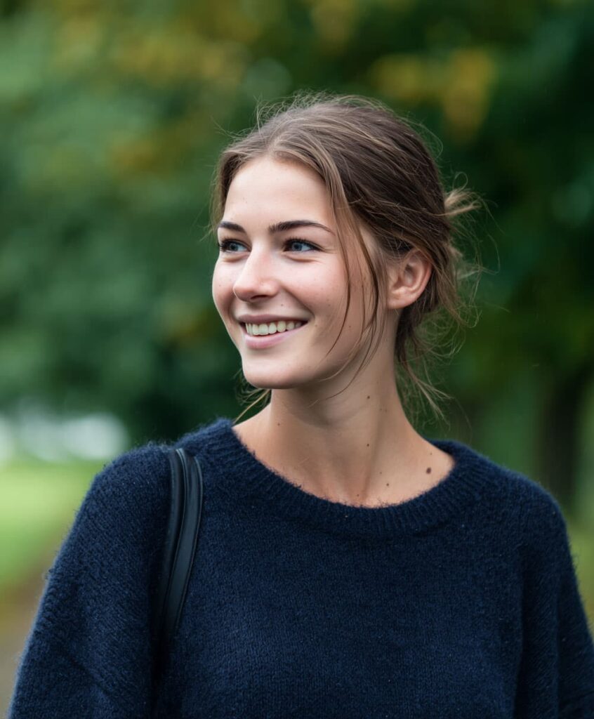 jonge vrouw lacht vriendelijk en wandelt in de natuur