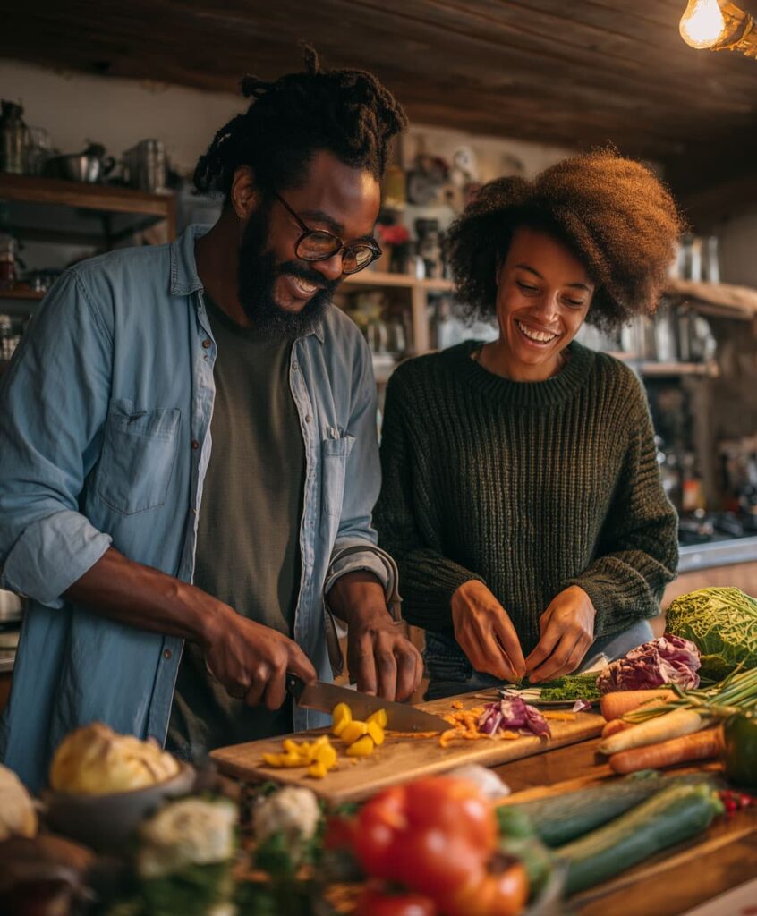 man en vrouw zijn vrolijk samen aan het koken